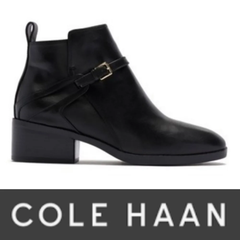Cole Haan Women's Etta Bootie ll Ankle Boot Black Leather Buckle Zip up NWT 8.5 - Picture 2 of 11